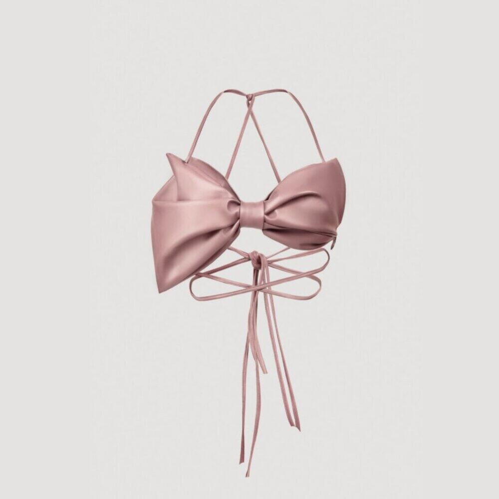 LIKA Eco Leather Pink Bordeaux Bow Top Size Large Halter Crop Bra Open Back